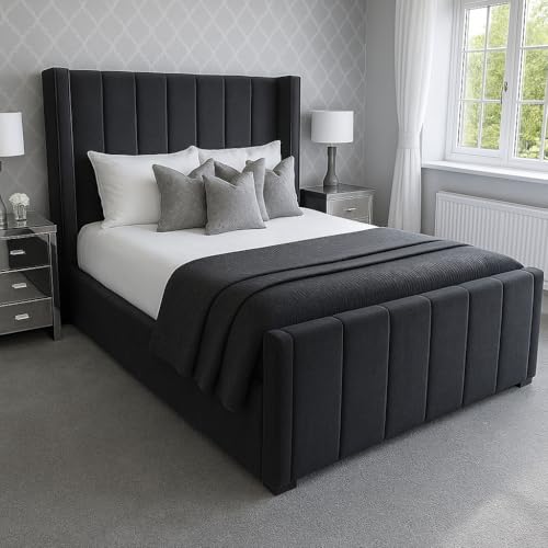 Attock Beds Plush Velvet Wing Panel Bed Frame with Optional Mattress & Ottoman Gas Lift Storage – Luxury Handmade Bed (Black Plush, Small Double 4ft with Mattress + Gas Lift)
