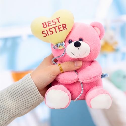 Image of Tickles Cute Teddy Bear Holding Best Sister Heart Balloon Soft Stuffed Plush Toy for Kids Boys & Girls Raksha Bandhan Birthday Gift (Size: 18 cm Color: Pink)