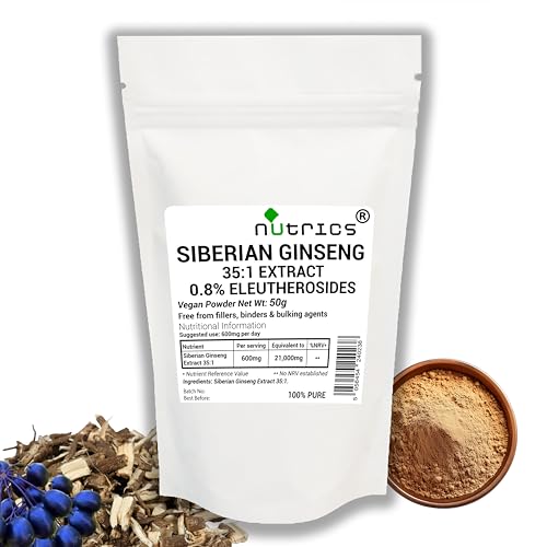 Nutrics® 35:1 Siberian Ginseng Extract 50g Powder 0.8% Eleuth - 100% Pure - Free from fillers, Binders & Bulking Agents (50g Extract Powder)