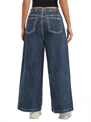 High Waisted Tummy Control Wide Leg Pants Loose Fit Drawstring Stretchy Denim Elastic Waist Casual Straight Leg Jeans3