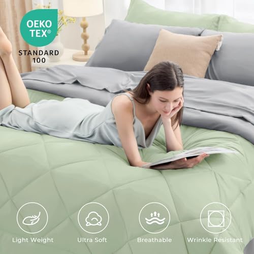 HEVUMYI Cali-King Comforter Set - 7-Piece All Season Bed in a Bag Cali-King, Ultra Soft Bedding Set with Comforter, Flat Sheet, Fitted Sheet, Pillowcases, Pillow Shams, Sage Green & Light Grey