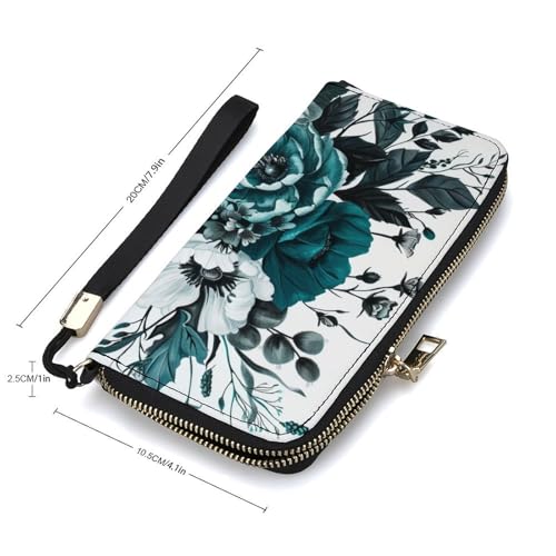 Teal And Black Flower Bouquet PU Leather Clutch Long Bifold Wallet, Coin Purse Credit Pass Case, Durable Card-Holder Money Storage for Women Men2