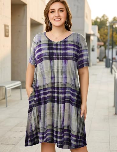 Image of OVERWORETY Womens Short Sleeve Plus Size T-Shirt Dress V Neck Casual Loose Swing A-Line Summer Tunic Dresses with Pockets