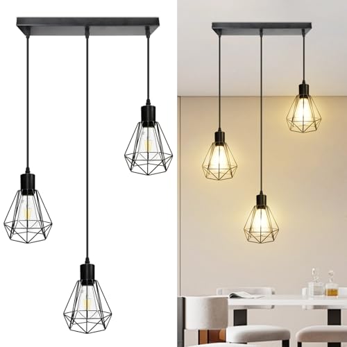 3-Light Pendant Light Fixture, Hanging Lighting Fixture Kitchen Island, Black Ceiling Lamp with 1.2m Adjustable Cord for Kitchen Bedroom Hallway, Dining Room, E26 Base,Blub Not Included 3-Li