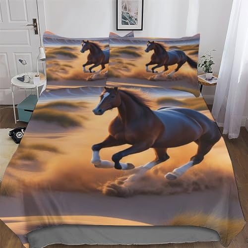PAZZK Horse 3D Duvet Cover Set Easy Care Quilt Covers With Pillowcases Poly Cotton Soft Bedding Sets 2PCs Set, for Kids Youth Adult Bed Linen Comforter Cover Single (135x200cm)