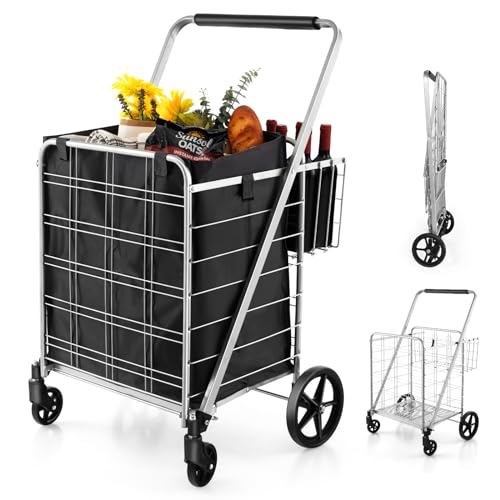 Carrito de la compra plegable con ruedas, forro impermeable extraíble, cesta trasera y asa de espuma para transporte de comestibles