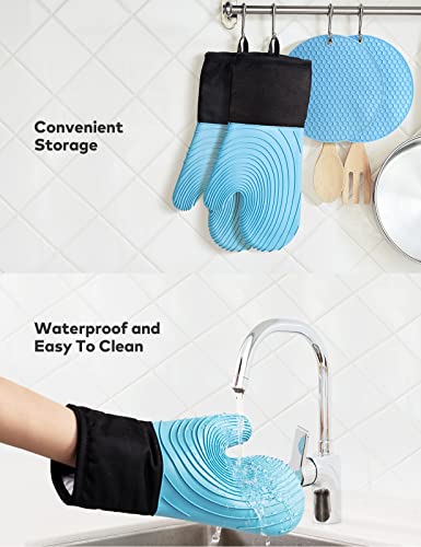 Silicone Oven Mitts And Extra Long Pot Holders Set-Treblewind Oven Gloves Heat Resistant To 500℉,Kitchen Cooking Gloves Non-Slip Grip Textured Silicon Mitt,Light Blue #TOP7