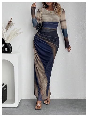 Image of Womens Long Sleeve Maxi Dress Mesh Bodycon Spring Fall Formal Wedding Guest | Tie Dye Ruched Night Out Cocktail Party Long Dresses
