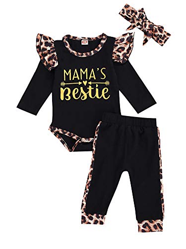 3PCS Infant Toddler Baby Girl Clothes Ruffle Romper Bodysuit Floral Halen Pants Headband Outfits (Black-Mama's Bestie, 0-6 Months)