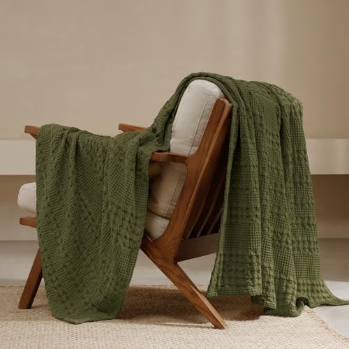 PHF 100% Cotton Waffle Weave Throw Blanket, Soft Lightweight Breathable Cozy Throws for Couch Bed Sofa, Luxury Aesthetic Blanket Gift for Home Decor & Office, 50"x60", Capulet Olive