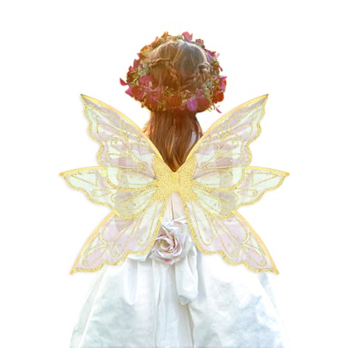 ALIBBON Disfraz de alas de hadas doradas transparentes, alas de mariposa con purpurina, accesorios de disfraz de princesa, ángel, elfo, accesorios para Halloween, fiesta de Navidad, cosplay