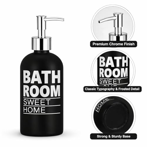 Image of Luxe Home International Bathroom Sweet Home Print Glass Soap Dispenser for Bathroom and Kitchen Sink Leak Proof Liquid Hand Wash Round Bottle Lightweight Smooth Finish (19.5x7.5 cm Black) Pack of 1