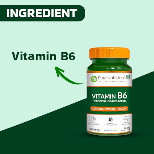 Image of Pure Nutrition Vitamin B6 Supplements Pyridoxine HCl | B6 Vitamin Pyridoxine Hydrochloride Capsules 1900mcg Supports Energy, Immune & Brain Health | Maintains Eye Health & Nervous System Function - 120 Veg Capsules