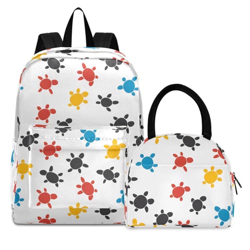 Backpack Lunch Bag Set Cartoon Sea Turtle Print, Big Storage Travel Backpacks with Insulated Lunch Box for Office Hiking Picnic
