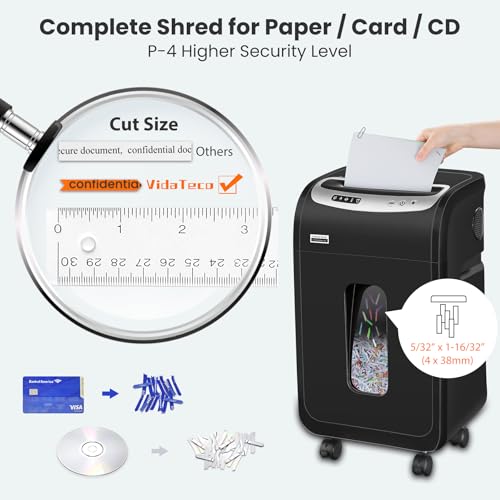 Image of VidaTeco 20 Sheet Cross Cut Paper Shredder Heavy Duty, P-4, 30L Bin | Heavy-Duty for Home Office, 60-Min Runtime, Shreds Paper, Cards, Staples & Clips, Jam Proof; 30L Pullout Bin with 4 Casters