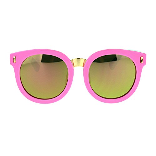 SA106 Kids Childern Size Color Mirror Plastic Retro Round Horned Rim Sunglasses Pink Peach