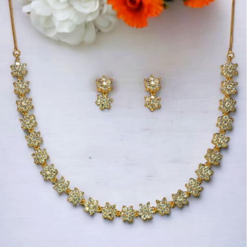 Image of Kollam Supreme Gold Plated Single Line Floral American Diamond Brass Necklace for Girls /Women