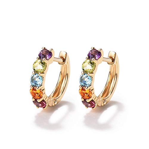 FANCIME 14K Solid Yellow Gold 1.25cttw Multi Colored Amethyst Peridot Topaz Citrine Garnet Tiny/Small Hinged Huggie Cartilage Hoop Earrings Dainty Delicate Fine Jewelry For Women Girls,15mm