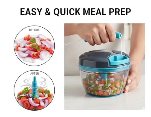 Image of Vegetable Chopper Manual Food Chopper, Black Blue, 500 Milliliters | Stainless Steel Blades, Onion Cutter, Garlic Cutter, Chilli Cutter