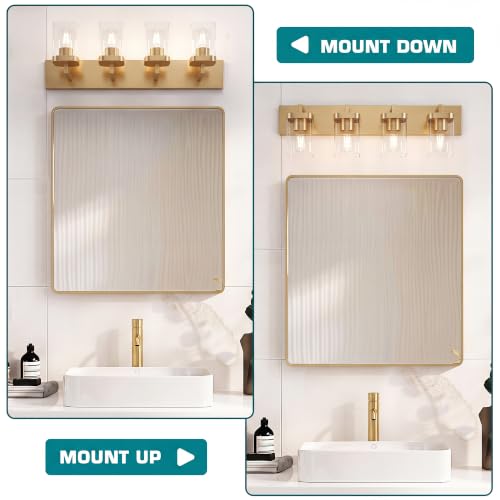 Image of Bathroom Lighting Fixtures Over Mirror, Square Design & Rectangle Large Backplate, 4 Lights Modern Vanity Lighting Fixtures, Bathroom Light Fixtures for Bathroom /Living Room /Bedroom, Gold