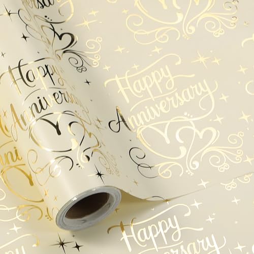LeZakaa Happy Anniversary Wrapping Paper Roll Gold Foil Anniversary & Hearts Golden Wedding Anniversary Party Favors for Couple Friends Parents Mini Roll 17 inches x 16.4 Feet