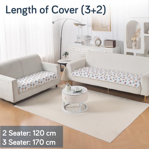 Image of HOKIPO Abstract Petals Quilted Sofa Cover 5 Seater Set with Tassels - Washable 3+2 Sofa Cover Mat |'Tassel Twigs' Series (IN-985-T10 + IN-983-T10)
