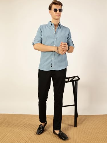 Image of Thomas Scott Men's | Solid | Textured Fabric | Full Sleeve | Slim Fit | Polyester-Blend | Spread Collar | Casual Shirt
