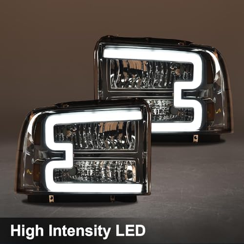 Image of GRAND ORANGE LED DRL Headlights, Compatible with Ford F250 F350 F450 F550 Super Duty 2005-2007, Fit Ford Excursion 2005, Left Driver & Right Passenger, Smoky Lens Chrome Housing Amber Reflector