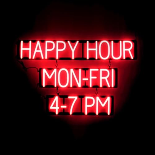 Image of SpellBrite LED Neon HAPPY HOUR MON-FRI 4-7 PM Sign - Red, 38 inch x 24 inch | Ultra-Bright Click-Together Signage for Bars & Restaurants, with Visibility from 500 ft - 8 Animations, 6 Brightness Levels