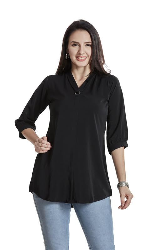 Image of nioni Women's Purple Poly Linen Blend Tunic Top with 3 /4 Sleeves, Printed Yoke, Kantha Stitch Detailing & Mandarin Collar