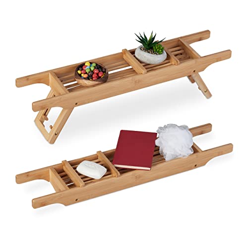 Relaxdays Bandeja Bañera Bambú, 69 cm de Ancho, Patas Plegables, Tabla Baño con Jabonera, Mesa Cama Desayuno, Natural