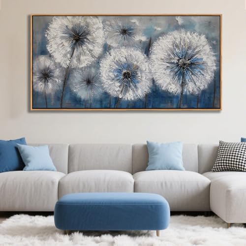 Image of Dandelion Wall Art Blue Canvas Print Picture Framed Wall Art for Living Room Large White Flower Flora Home Decoration Modern(With Soild wood dark framed) Bedroom Artwork Wall Decor
