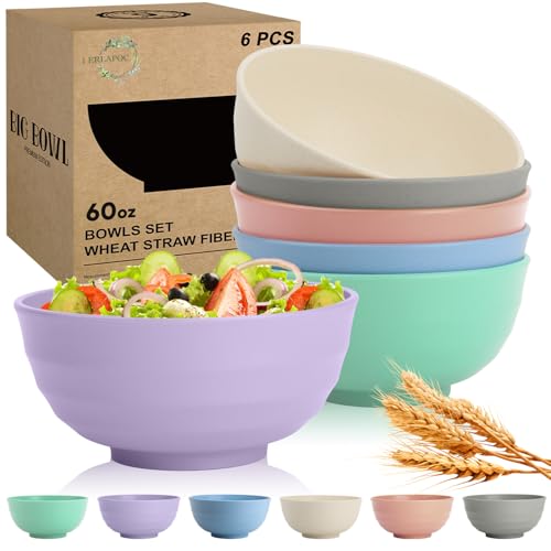 Image of Large Serving Bowls Set of 6, 60 OZ Wheat Straw Bowls Unbreakable, Microwave Safe & Dishwasher Safe, Perfect for Parties, Salads, Noddles, Cereal, Soup, Family Gatherings, Colorful