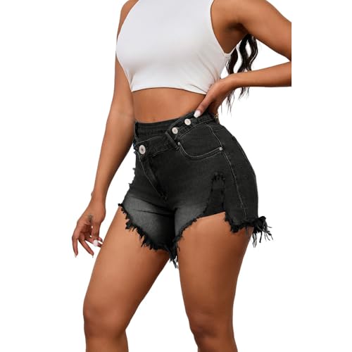 Image of PINSV Women's High Waisted Crossover Jean Shorts Ripped Hem Raw Denim Shorts