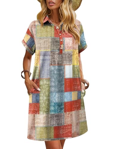 Image of HOTOUCH Womens Summer Shirt Dress 2026 Short Sleeve Floral Shift Dress Casual Loose Flowy Beach Sundress with Pockets