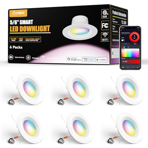 Amico 6 Pack 5/6 Inch WiFi LED Recessed Can Smart Matter Lights, RGBCW Color Changing Retrofit Recessed Lighting, Voice & APP Control, 12W=110W 1100LM, Alexa & Google Compatible, ACK, IC & ETL