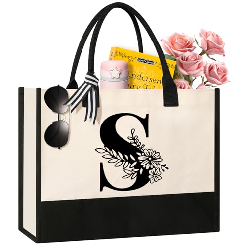 Personalized Initial Canvas Tote Bag, Cosmetic Bags, Suitable for Birthday, Wedding, Beach, Holiday, Great Birthday Gifts for Women, Mom, Teachers, Nurses, Best Friends, Bridesmaids (S)