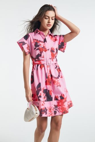 Image of D-Sun Women Button Down Shirt Dress V-Neck Floral Printed Short Sleeve Mini Dress Casual Belted Short Party with Pocket