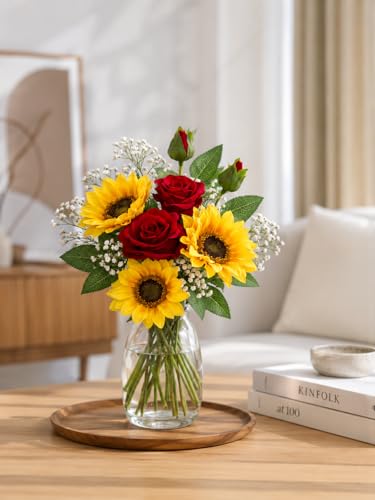Image of Divyakosh Artificial Flowers for Home Decoration, Flora for Decor | Artificial Flowers for Vase (VASE NOT Included) Decorative Items for Living Room. Sunflower and Red Rose Bunch with Baby Breath |