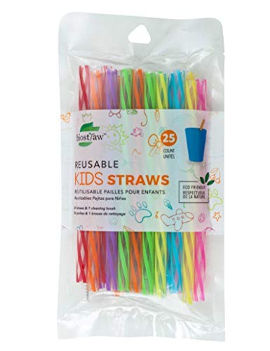 Jacent Plastic Reusable Kids Straws (24 x 6 straws per pack plus 1 cleaning brush)