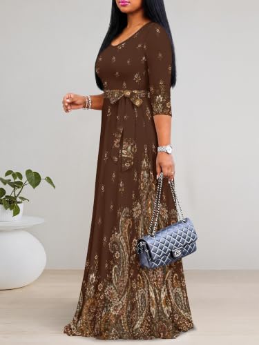Image of Maxi Dress for Women with Sleeves, Empire Waist Dress | A-line shape, self-tie belt, side pockets and pull-on design; stretch fabric for church, work and casual wear