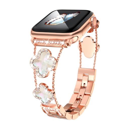 Image of Musk-MSKR Diamond Metal Bands Add Sparkle to Your Watch For Apple Watch Series 11 /10 /9 /8 /7 /6 /5 /4 /3 /2 /SE /Ultra Clover Simple and Stylish Compatible with 38mm40mm41mm42mm44mm45mm 46mm49mm Women's Wear