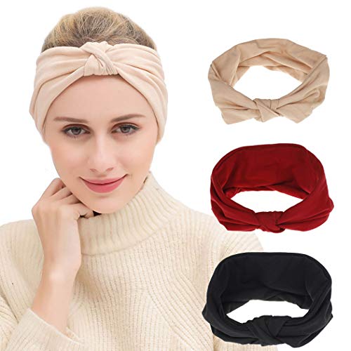 Fashband Women Headbands 3 PCs Boho Criss Cross Head Wrap Hair Band Elastic Turban Hair Band Yoga Running Sports Workout Headwraps for Girls (Solid Color C)