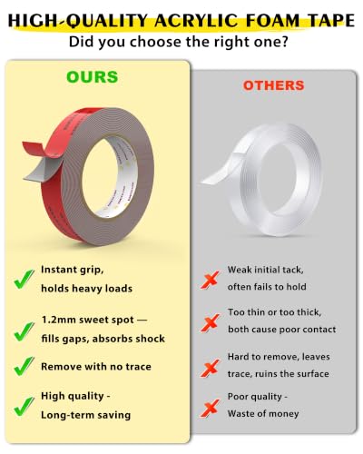 Image of EMITEVER Heavy Duty Double Sided Tape 2 Rolls, 1 Inch x 16.4FT Acrylic Foam Mounting Tape, Two Sided Adhesive Tape, Waterproof & Strong Double Stick Tape for Walls, Automotive, Home Office Decor