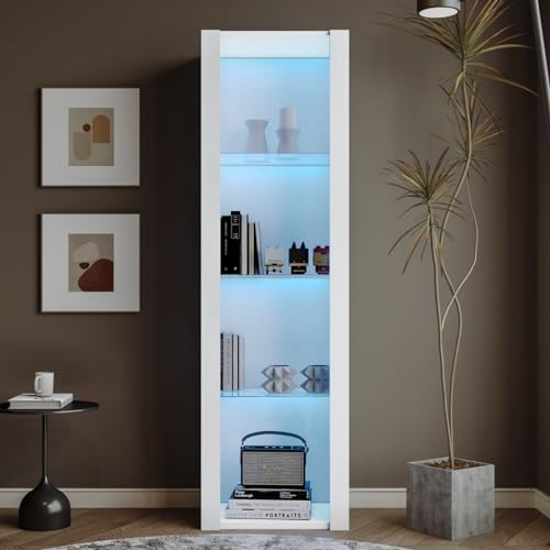 KOMHTOM Vetrina soggiorno con LED Credenza moderno, vetrina espositiva da terra con 3 ripiani in vetro per soggiorno camera da letto corridoio sala da pranzo (Bianco)