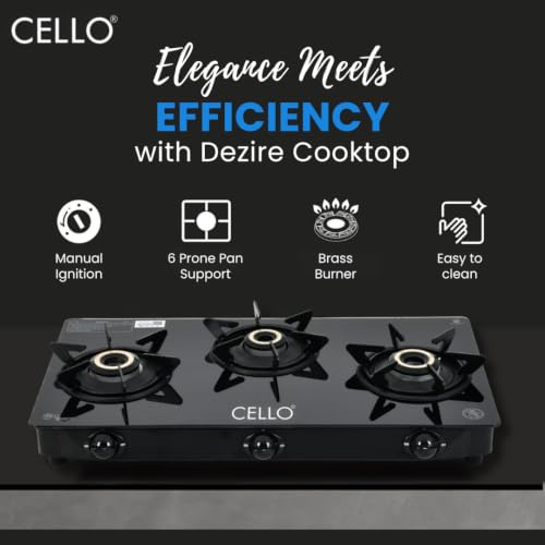 Image of Cello DEZIRE PRO PLUS 3 Burner Gas Stove | Manual Ignition | Direct Flame Brass Burners | 6mm Toughened Glass Top | Hexa Pan Supports | ISI Certified | LPG | 1Yr Warranty