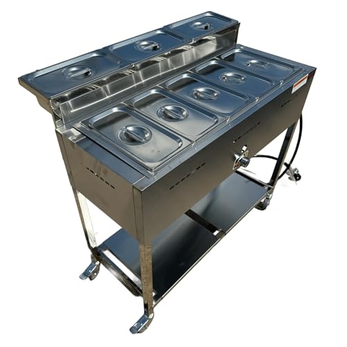 Generic AP786 Acero Pro 5 Container Outdoor Steam Table Food Warmer Cart (Propane) - 3 Condiment Containers - Total 8 Standard 1/3 Pans (12 Inch X 6 Inch X 4") - Stainless Steel - Portable For Home, Commercial thumb #1