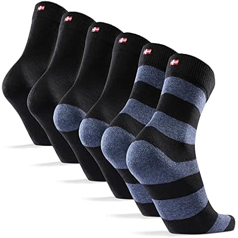 DANISH ENDURANCE Pack de 6 Calcetines de Algodón Orgánico, Suaves, Transpirables, Hombre y Mujer, Multicolor (2x Negro, 2x Negro/Rayas Azules Cover
