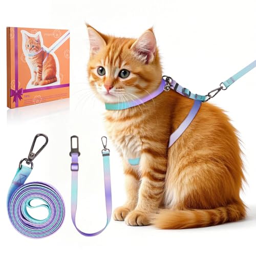 Cat Harness and Leash Set, Collars,Car Seat Belt [4 in 1 Detachable & Adjustable] Escape Proof Cat Harness, Comfortable Soft Lightweight, Walking Travel Kitten Harness for Small Medium Large Cats (M)