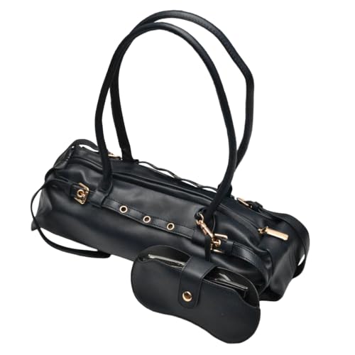 Nupouch Bolsa de ombro com fivela Milan, bolsa feminina de couro vegano, elegante, detalhe de fivela, fecho de zíper, estilo moderno, Preto, Medium, Fivela